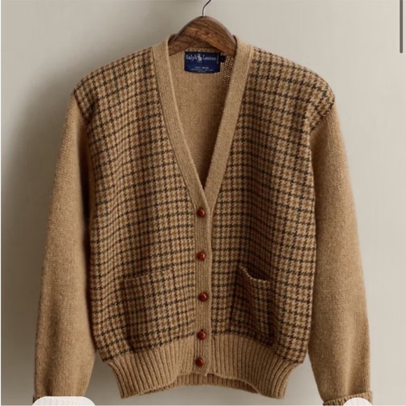 Vintage 80s Ralph Lauren Houndstooth Wool Cardigan Grandpa Sweater Elbow Patch M - Picture 2 of 8